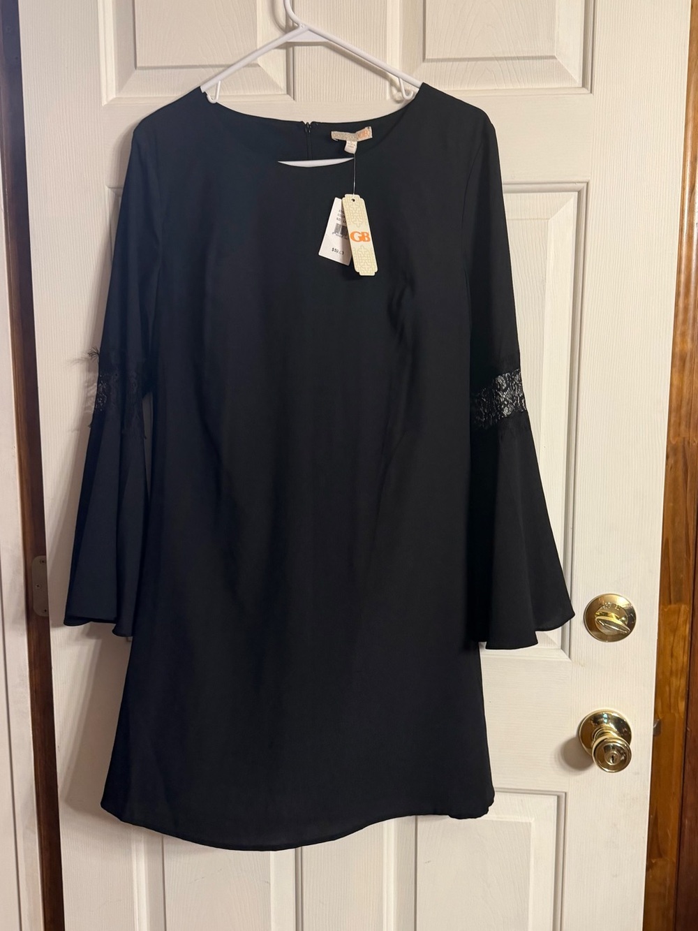 Women’s Black Midi Dress with Lace Bell Sleeves Size L
